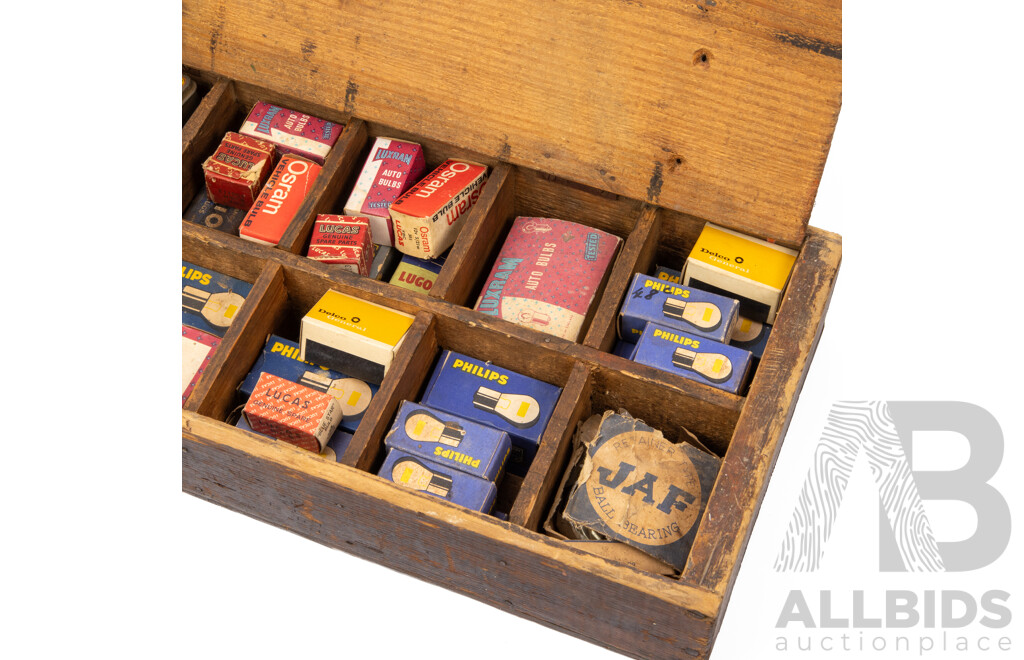 Vintage Fitted Lidded Vacuum Oils Box with Collection of Early Light Bulbs and Spark Plugs