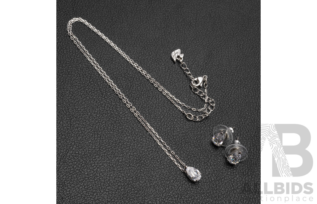 Silver Tone & Swarovski Zirconia Necklace, Pendant & Earrings Set, by Swarovski, New Condition