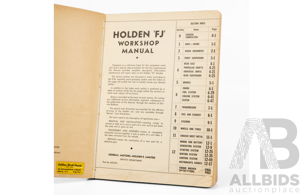 Vintage 'F.J' Series Holden Workshop Manual with Maintenance Manual