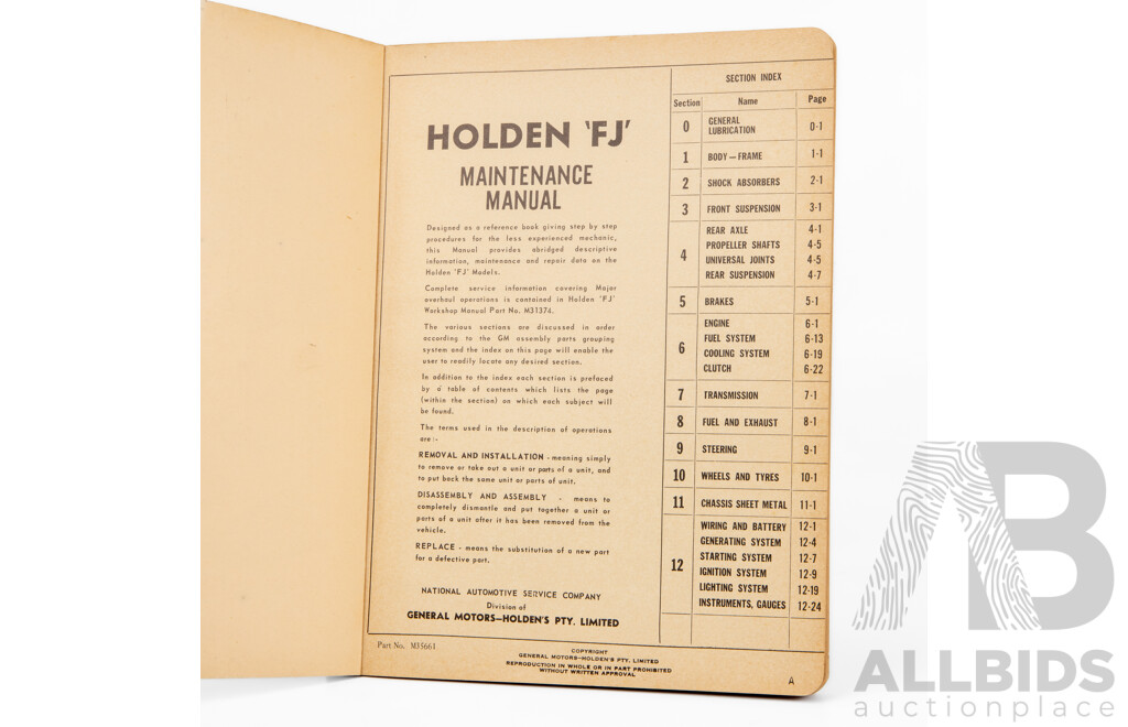 Vintage 'F.J' Series Holden Workshop Manual with Maintenance Manual