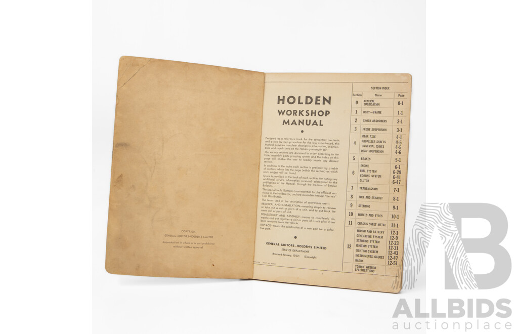 1952 Vintage Holden Shop Manual