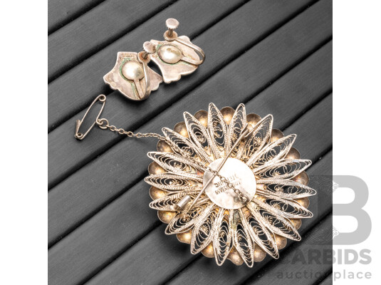 925 Sterling Silver Siam Brooch & Earrings Set - 19.56gms