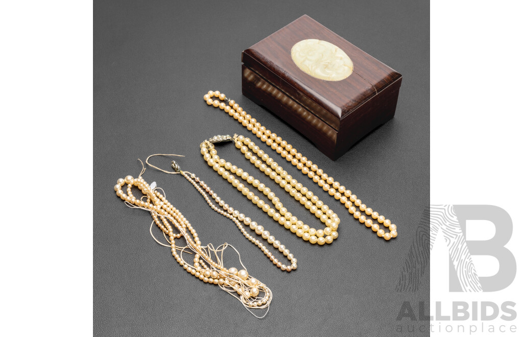 Collection of Faux Pearls in Nephrite Jade and Wood Box