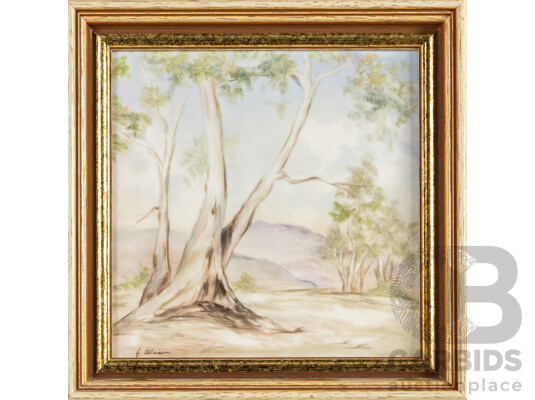 E. Allanson (20th Century, Australian), Ghost Gums I & II (1980), Pair of Original Acrylic Enamel on Italian Tile, 25H x 25W cm (frames) (2)