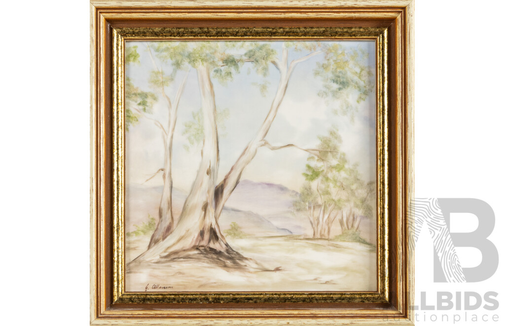 E. Allanson (20th Century, Australian), Ghost Gums I & II (1980), Pair of Original Acrylic Enamel on Italian Tile, 25H x 25W cm (frames) (2)