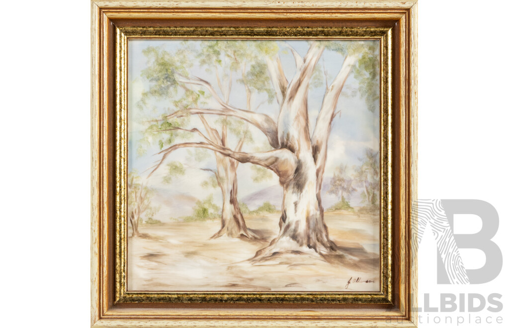 E. Allanson (20th Century, Australian), Ghost Gums I & II (1980), Pair of Original Acrylic Enamel on Italian Tile, 25H x 25W cm (frames) (2)