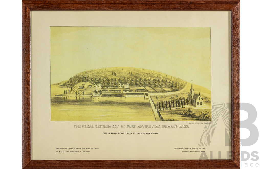 The Penal Settlement of Port Arthur, Van Diemen's Land, Vintage Reproduction Lithographic Limited Edition Print (c1960), 34H x 44W cm (frame)