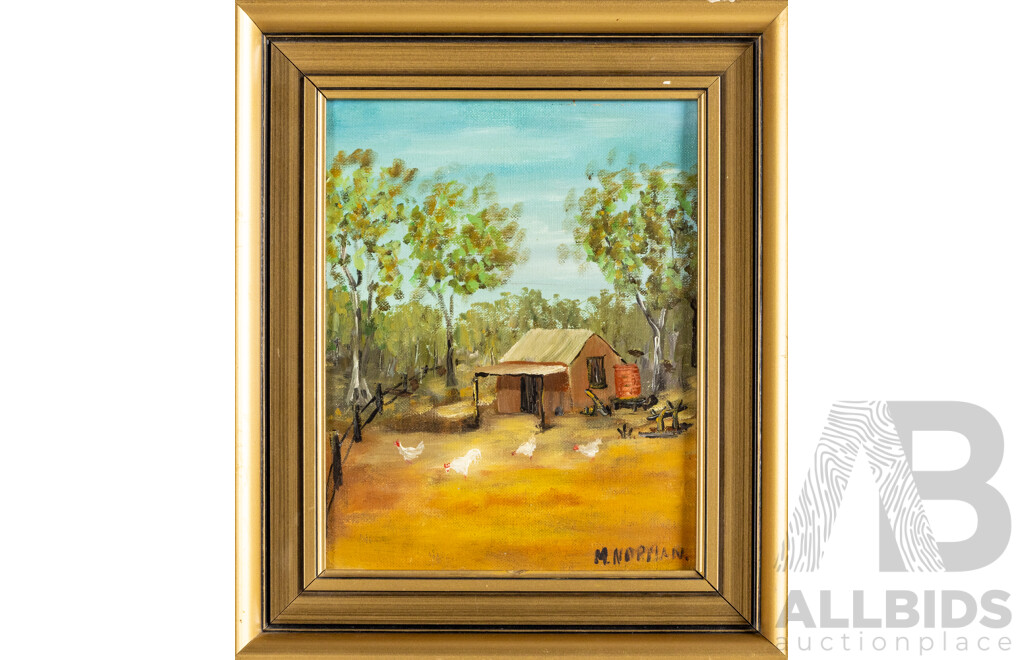 Peaceful Country, On Farm & Chickens Grazing, Trio of Original Vintage Australian Landscapes, Oil on Canvas Boards, 30H x 38W cm (frame largest) (3)
