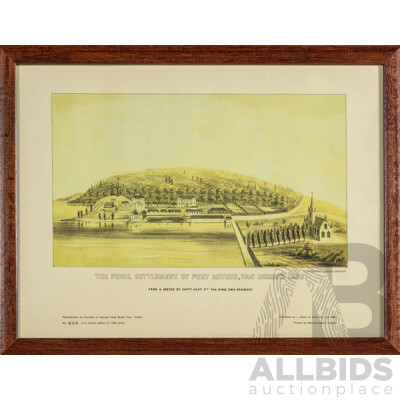 The Penal Settlement of Port Arthur, Van Diemen's Land, Vintage Reproduction Lithographic Limited Edition Print (c1960), 34H x 44W cm (frame)