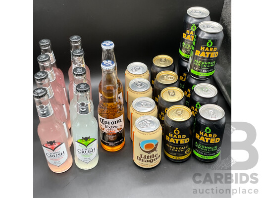 HARD RATED Crushed Lemon 375ml (4x), Lemon Lime 375ml (6x), Little Dragon Ginger Beer 330ml  (4x), CORONA Extra 355ml  (2x), Vodka Crush 275ml (8x) - Lot of 24