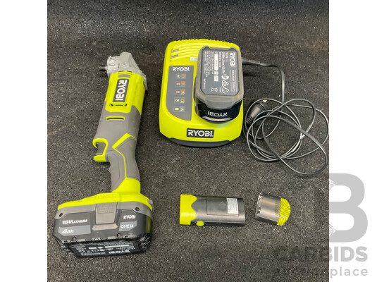 RYOBI ONE+ Angle Grinder (R18AG115), Two 4.0Ah Batteries, Battery Charger, Flashlight - Lot of 5