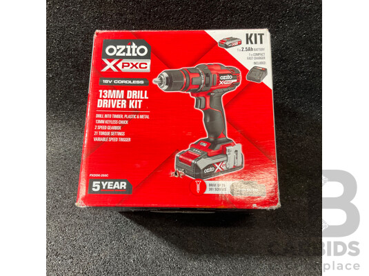 OZITO 18v Brushless Drill Driver Including 18v 2.5Ah Lithium Ion Battery, Small Hole Saw Cutter, SUTTON 3.5mm Drill Bit,SUTTON 7.0mm Drll Bit, CRAFTRIGHT 13-piece Drill Bit Set