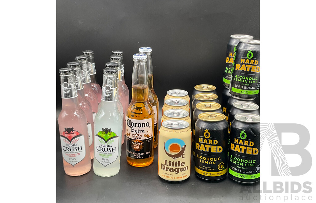 HARD RATED Crushed Lemon 375ml (4x), Lemon Lime 375ml (6x), Little Dragon Ginger Beer 330ml (4x), CORONA Extra 355ml (2x), Vodka Crush 275ml (8x) - Lot of 24