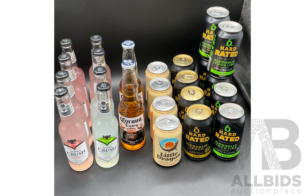 HARD RATED Crushed Lemon 375ml (4x), Lemon Lime 375ml (6x), Little Dragon Ginger Beer 330ml (4x), CORONA Extra 355ml (2x), Vodka Crush 275ml (8x) - Lot of 24