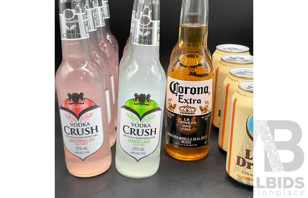 HARD RATED Crushed Lemon 375ml (4x), Lemon Lime 375ml (6x), Little Dragon Ginger Beer 330ml (4x), CORONA Extra 355ml (2x), Vodka Crush 275ml (8x) - Lot of 24