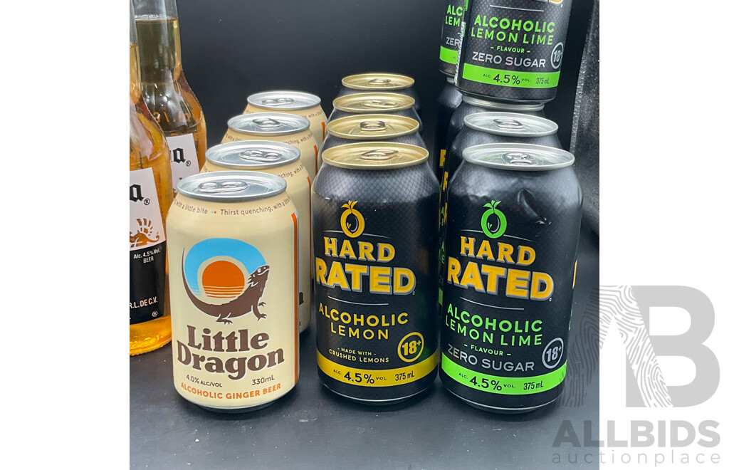 HARD RATED Crushed Lemon 375ml (4x), Lemon Lime 375ml (6x), Little Dragon Ginger Beer 330ml (4x), CORONA Extra 355ml (2x), Vodka Crush 275ml (8x) - Lot of 24