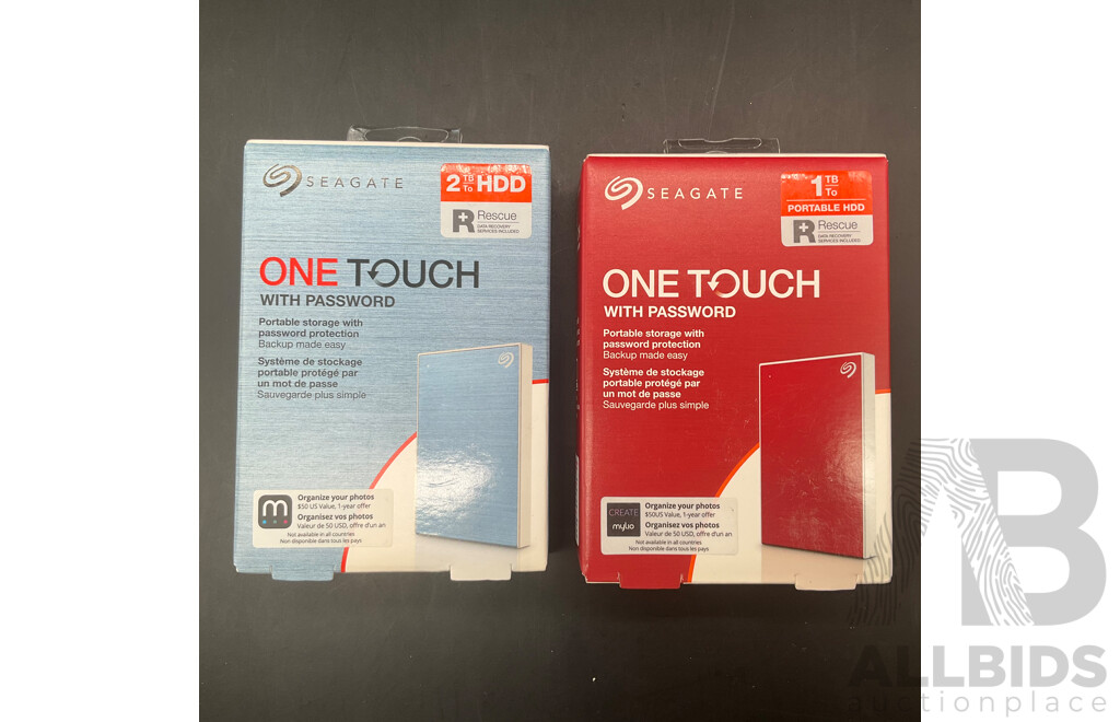 SEAGATE One Touch 1TB (Red) and  2TB (Blue) Portable Hard Drive - Lot of 2