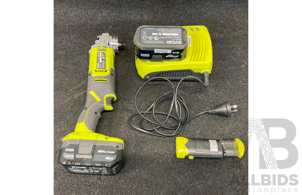 RYOBI ONE+ Angle Grinder (R18AG115), Two 4.0Ah Batteries, Battery Charger, Flashlight - Lot of 5