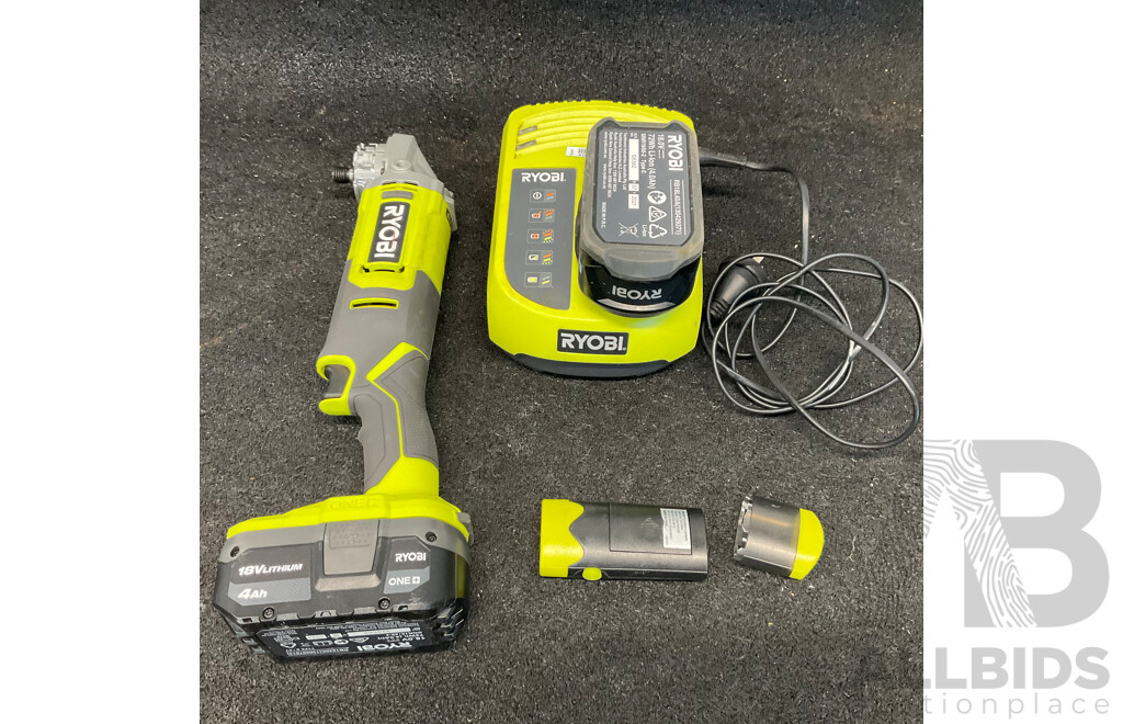 RYOBI ONE+ Angle Grinder (R18AG115), Two 4.0Ah Batteries, Battery Charger, Flashlight - Lot of 5