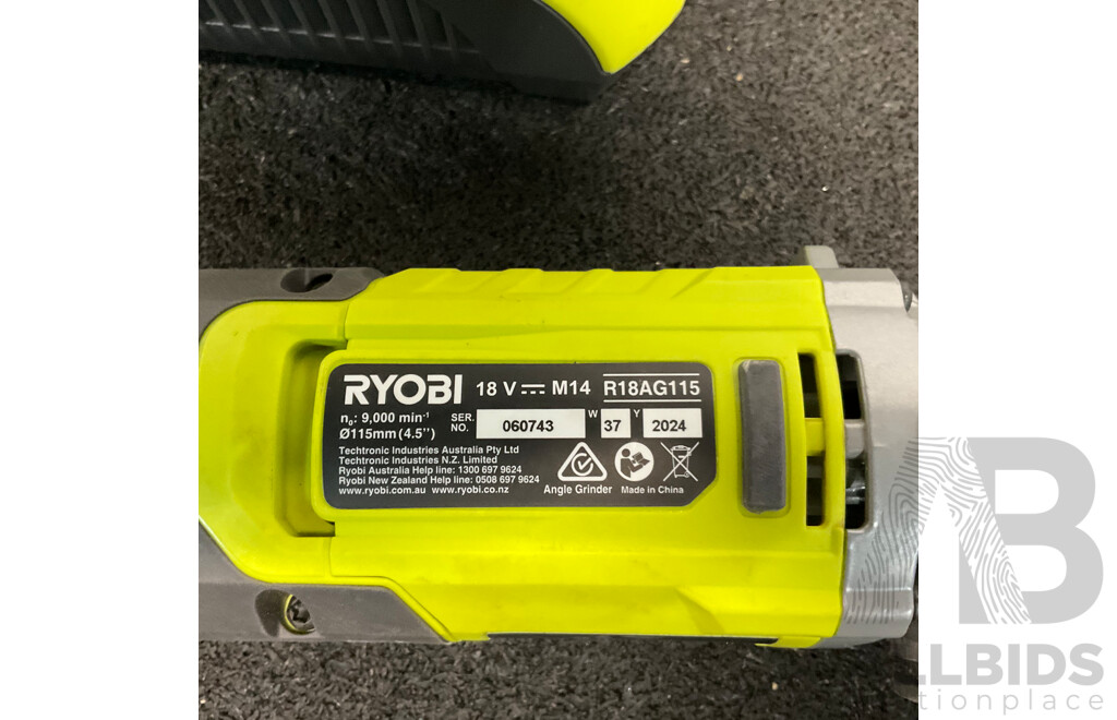 RYOBI ONE+ Angle Grinder (R18AG115), Two 4.0Ah Batteries, Battery Charger, Flashlight - Lot of 5
