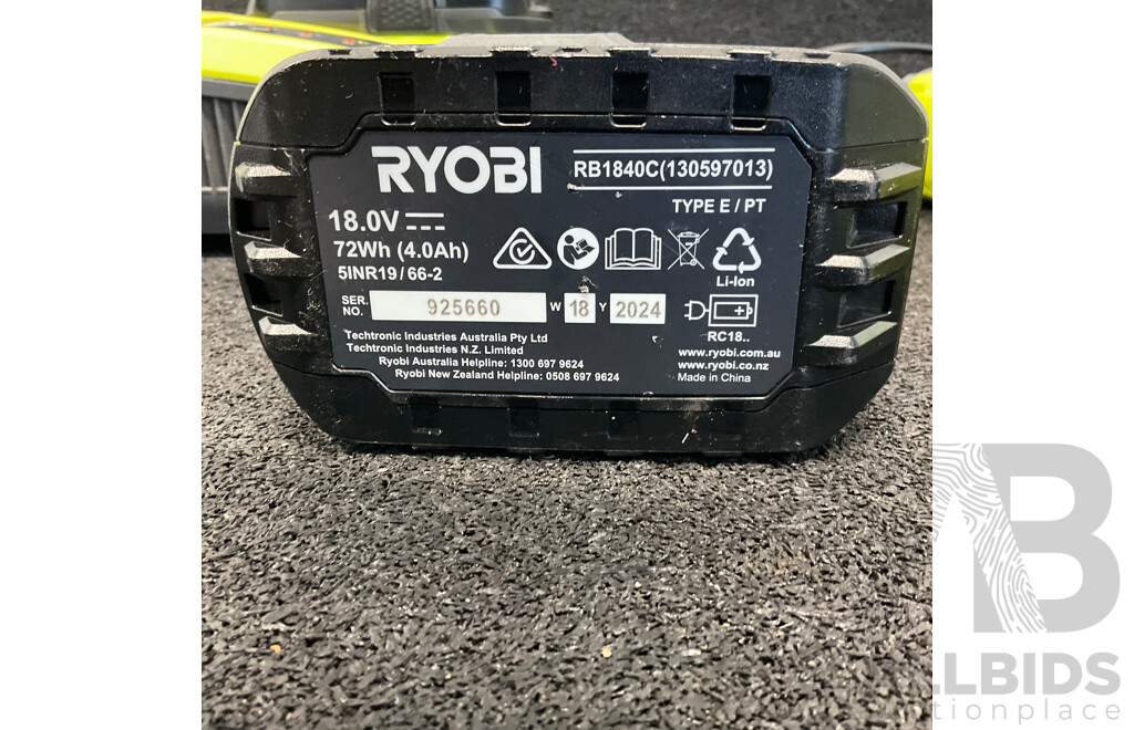 RYOBI ONE+ Angle Grinder (R18AG115), Two 4.0Ah Batteries, Battery Charger, Flashlight - Lot of 5