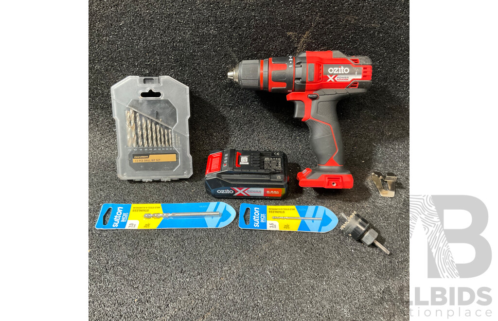 OZITO 18v Brushless Drill Driver Including 18v 2.5Ah Lithium Ion Battery, Small Hole Saw Cutter, SUTTON 3.5mm Drill Bit,SUTTON 7.0mm Drll Bit, CRAFTRIGHT 13-piece Drill Bit Set