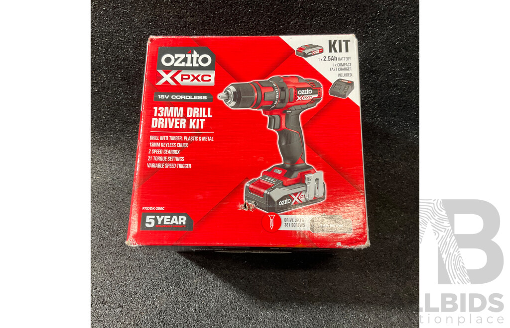OZITO 18v Brushless Drill Driver Including 18v 2.5Ah Lithium Ion Battery, Small Hole Saw Cutter, SUTTON 3.5mm Drill Bit,SUTTON 7.0mm Drll Bit, CRAFTRIGHT 13-piece Drill Bit Set