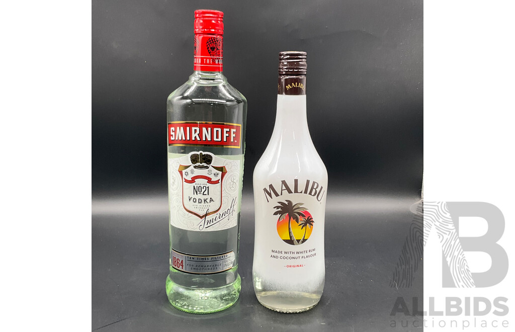 SMIRNOFF Vodka 1000ml, MALIBU 700ml - Lot of 2