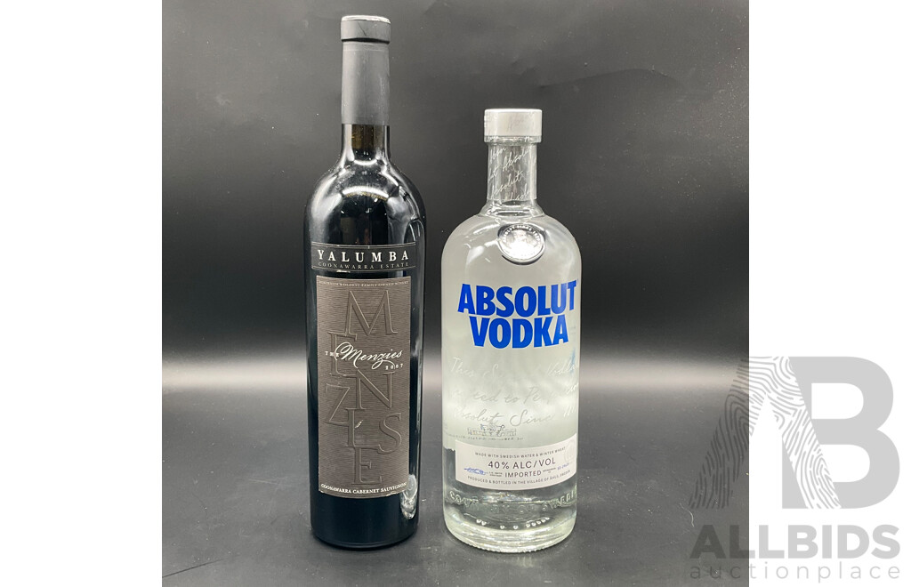 ABSOLUT Vodka 1000ml, MENZIES 2007 Cabernet Sauvignon 750ml - Lot of 2