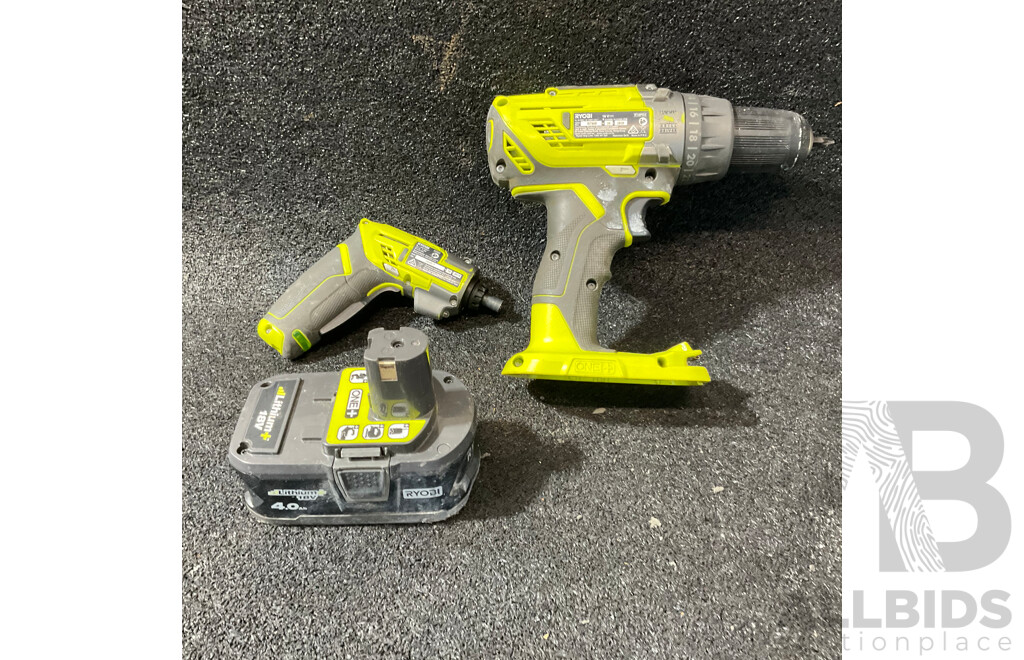 RYOBI 18V One+ (R18DD3-0) Compact Drill Driver, RYOBI (R4SDC) 4v LITHIUM -iON Screwdriver Including 4.0Ah Battery