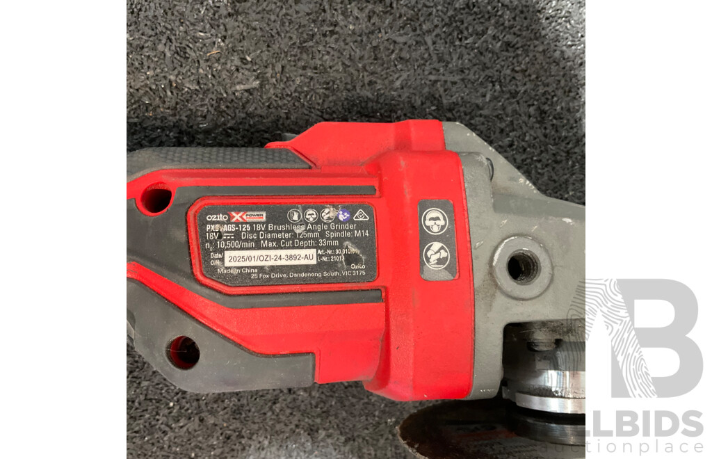 OZITO PXC 18V (PXBVAGS-125) Brushless Angle Grinder, WORKZONE TITANIUM+ (TI60102) Cordless Drill Including 2.0Ah Battery