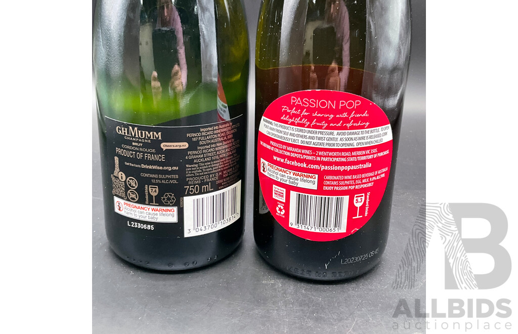 G.H. Mumm Cordon Rouge Brut Champagne 750ml, PASSION POP Mixed Berry Sparkling Wine 750ml - Lot of 2