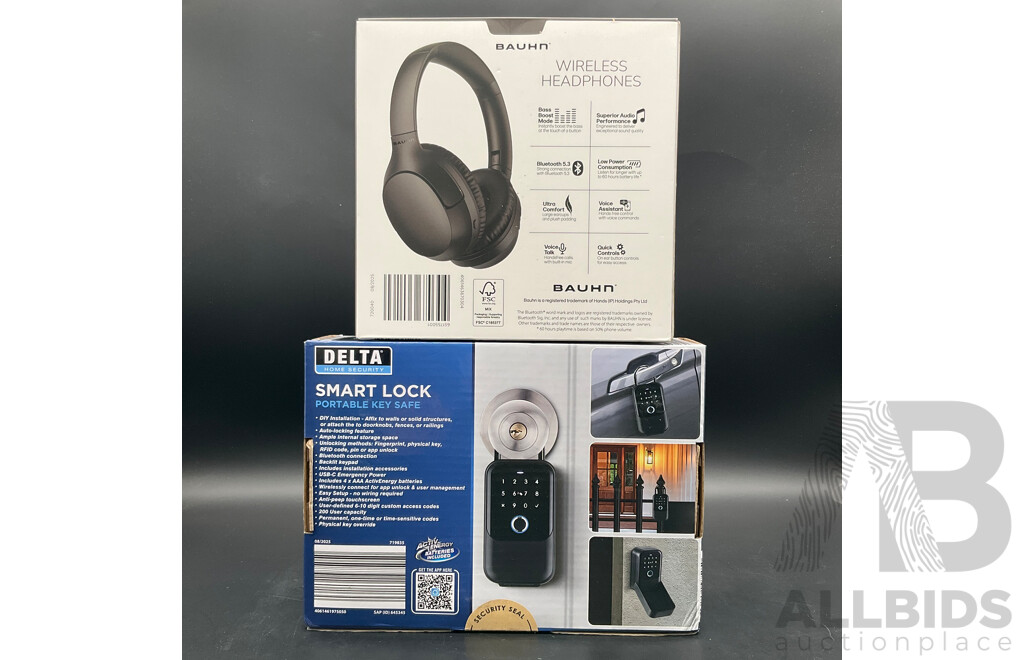 DELTA Smart Lock Portable Key Safe, BAUHN Wireless Headphones - Lot of 2