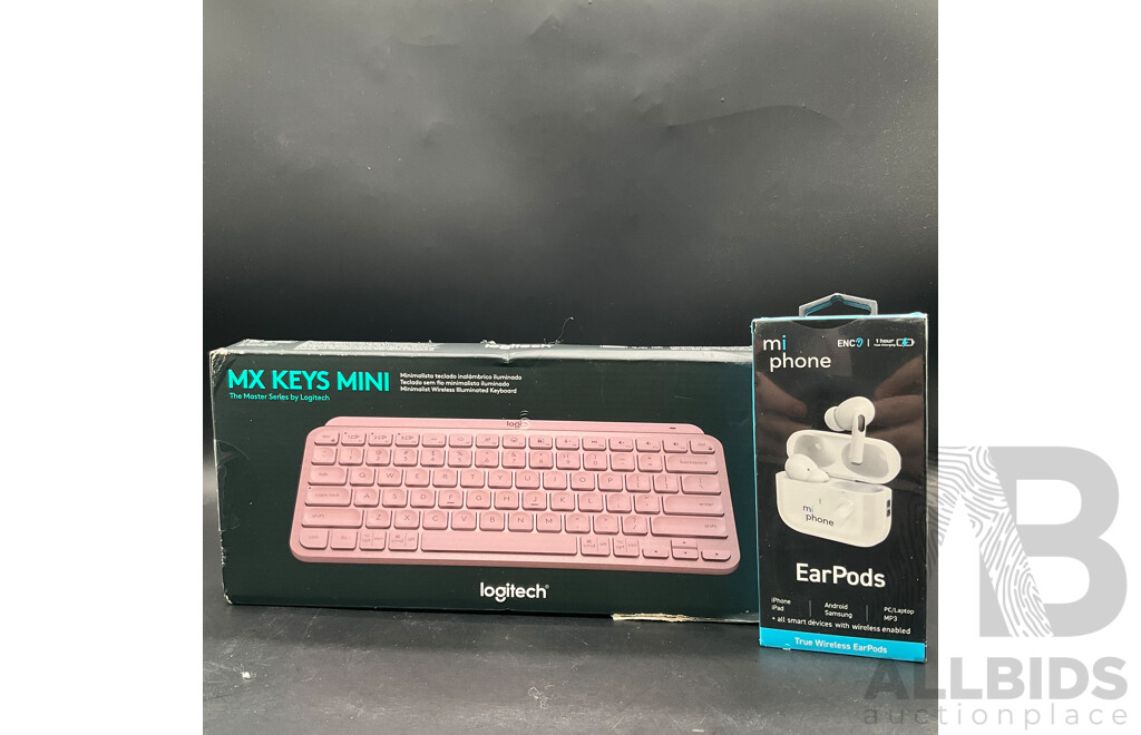 MIPHONE Wireless Earbuds, LOGITECH MX Keys Mini Wireless Keyboard  - Lot of 2