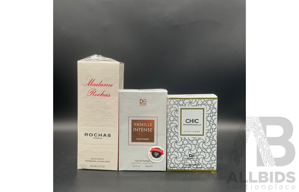 ROCHAS PARIS Madame Rachas 100ml Perfume, CHIC MADEMOISELLE 100ml Pour Femme, VANILLE INTENSE Pour Femme 100ml - Lot of 3