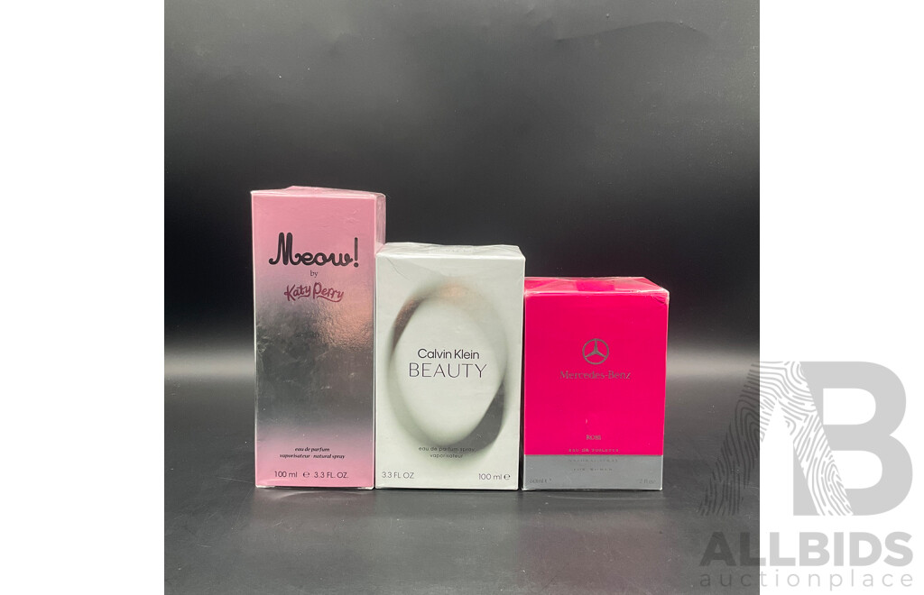 MERCEDES-BENZ Rose 60ml , CALVIN KLEIN Beauty 100ML , KATY PERRY Meow 100ml - Lot of 3