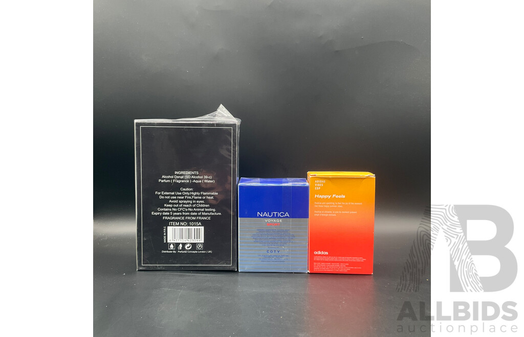 ADIDAS Happy Feels 100ML , ONYX ODYSSEY 100ML , NAUTICA Voyage Sport 100ML - Lot of 3
