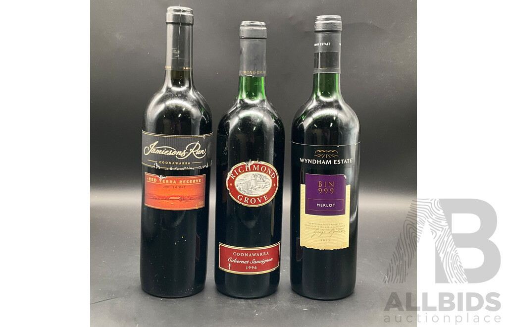Jamiesons Run 2001 Shiraz 750ml, Richmond Grove 1996 Cabernet Sauvignon 750ml & Wyndham Estate 2003 Merlot 750ml - Lot of 3