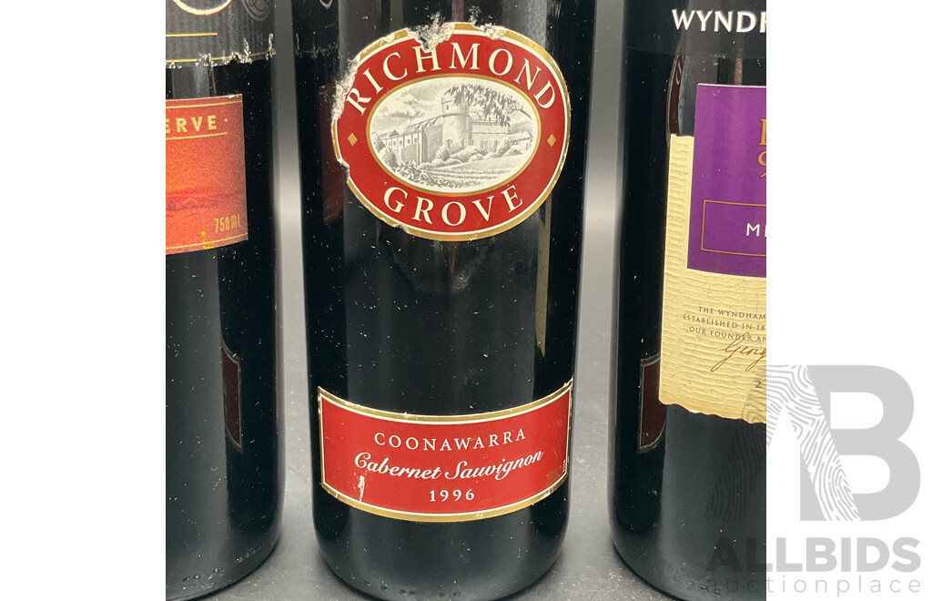 Jamiesons Run 2001 Shiraz 750ml, Richmond Grove 1996 Cabernet Sauvignon 750ml & Wyndham Estate 2003 Merlot 750ml - Lot of 3