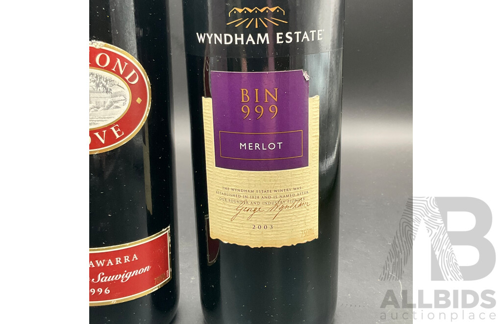 Jamiesons Run 2001 Shiraz 750ml, Richmond Grove 1996 Cabernet Sauvignon 750ml & Wyndham Estate 2003 Merlot 750ml - Lot of 3