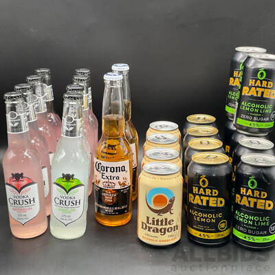 HARD RATED Crushed Lemon 375ml (4x), Lemon Lime 375ml (6x), Little Dragon Ginger Beer 330ml  (4x), CORONA Extra 355ml  (2x), Vodka Crush 275ml (8x) - Lot of 24