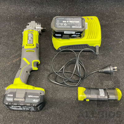 RYOBI ONE+ Angle Grinder (R18AG115), Two 4.0Ah Batteries, Battery Charger, Flashlight - Lot of 5