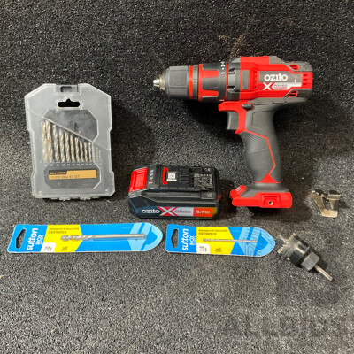 OZITO 18v Brushless Drill Driver Including 18v 2.5Ah Lithium Ion Battery, Small Hole Saw Cutter, SUTTON 3.5mm Drill Bit,SUTTON 7.0mm Drll Bit, CRAFTRIGHT 13-piece Drill Bit Set