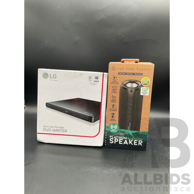 LG Ultra Slim Portable DVD Writer, OUR PURE PLANET Platinum Portable Bluetooth Speaker - Lot of 2