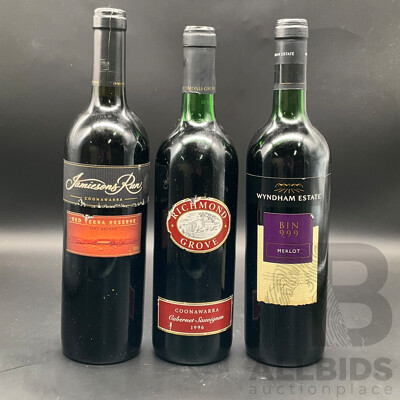 Jamiesons Run 2001 Shiraz 750ml, Richmond Grove 1996 Cabernet Sauvignon 750ml & Wyndham Estate 2003 Merlot 750ml - Lot of 3