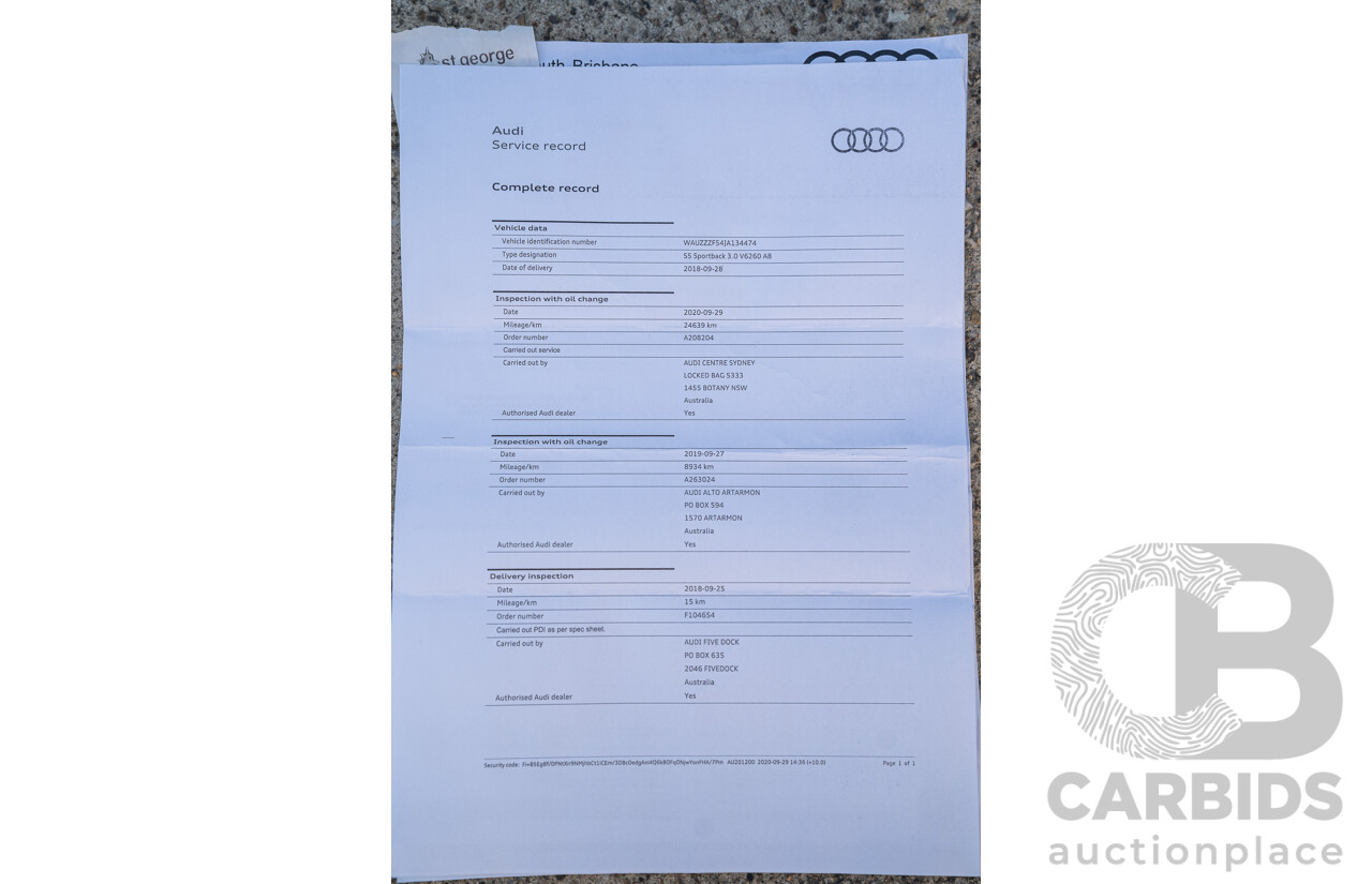 06/2018 Audi S5 Sportback Quattro (AWD) F5 MY18 4d Sedan Glacier White Turbo 3.0L