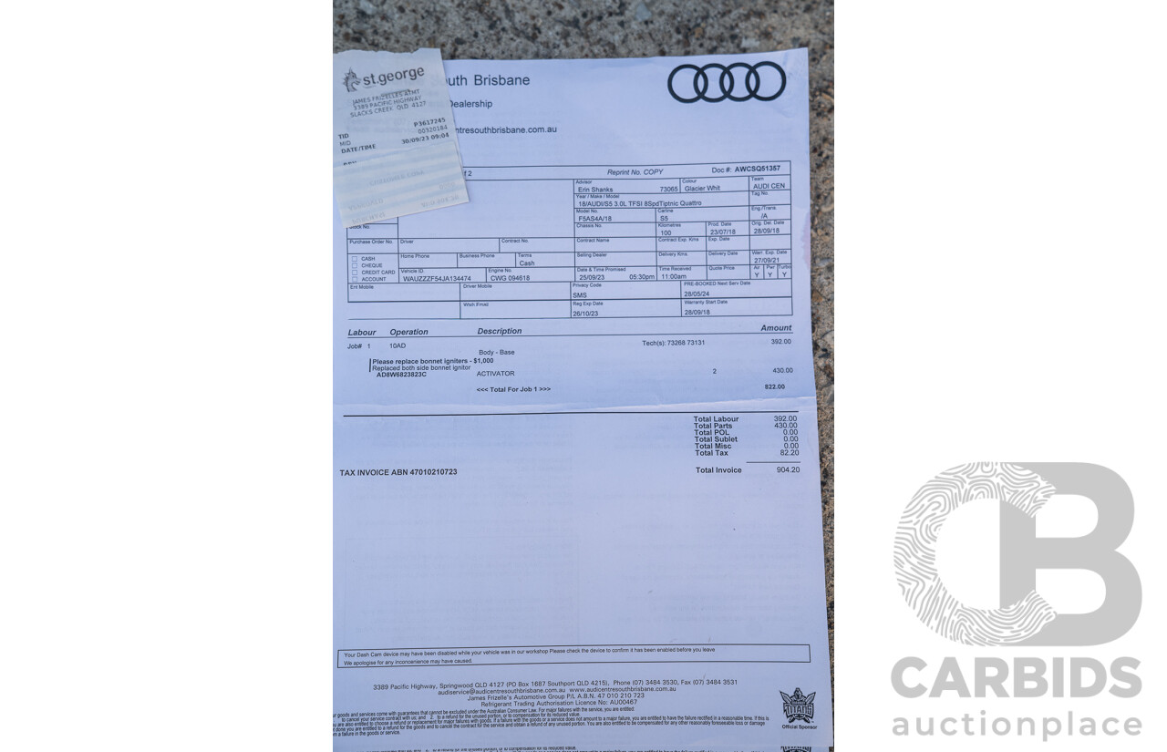 06/2018 Audi S5 Sportback Quattro (AWD) F5 MY18 4d Sedan Glacier White Turbo 3.0L