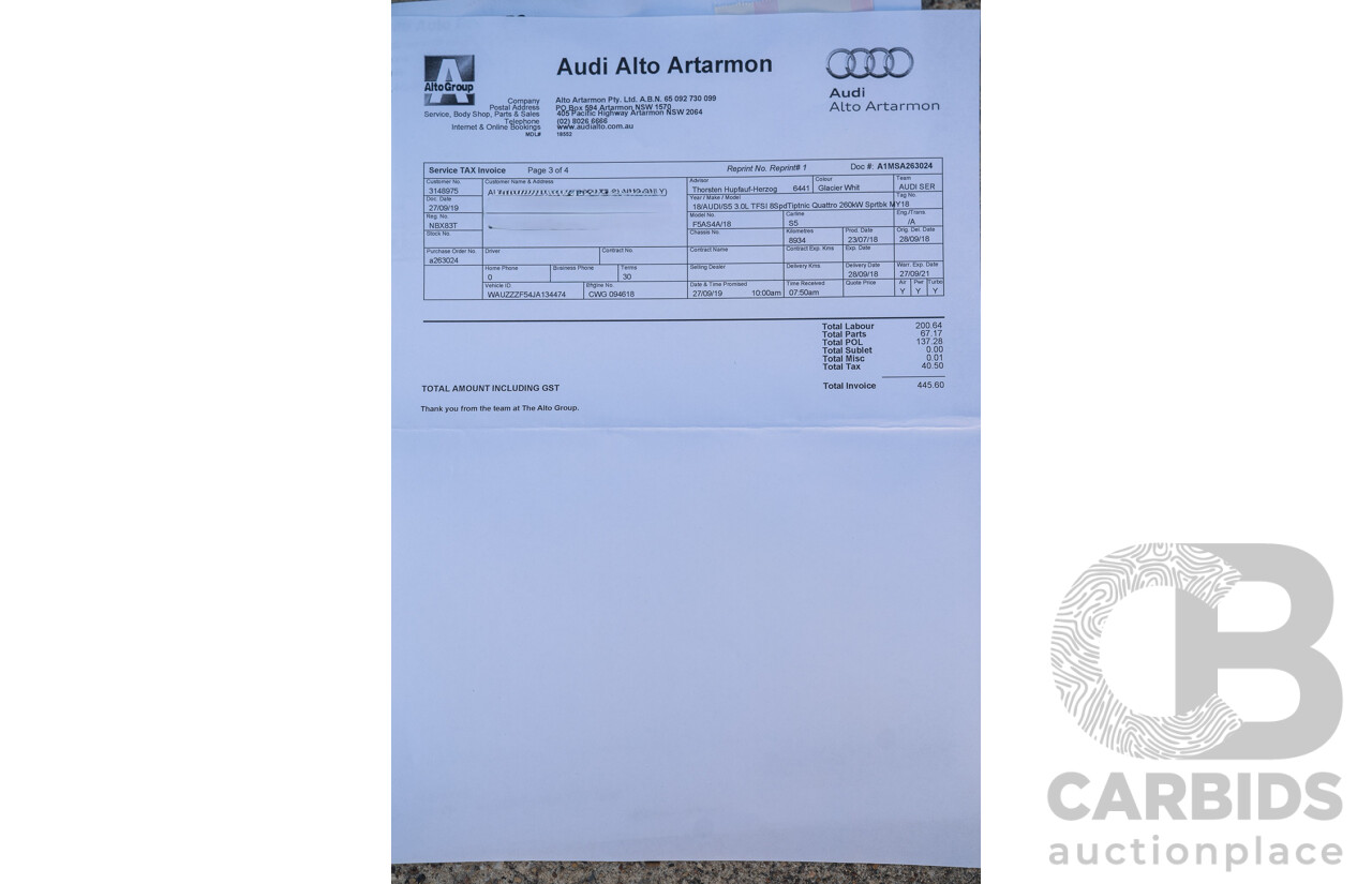 06/2018 Audi S5 Sportback Quattro (AWD) F5 MY18 4d Sedan Glacier White Turbo 3.0L