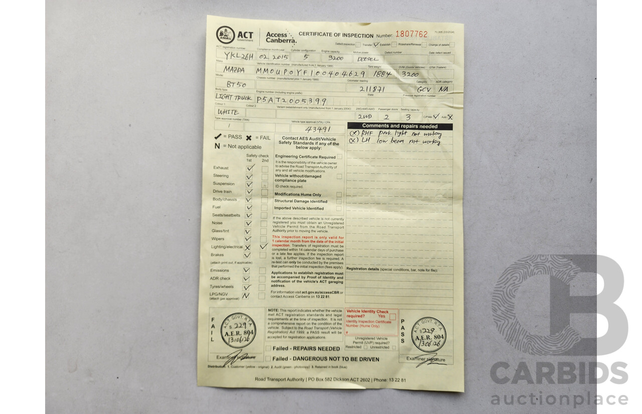 02/2015 Mazda Bt50 XT (4x2) MY13 C/Chas White 3.2L