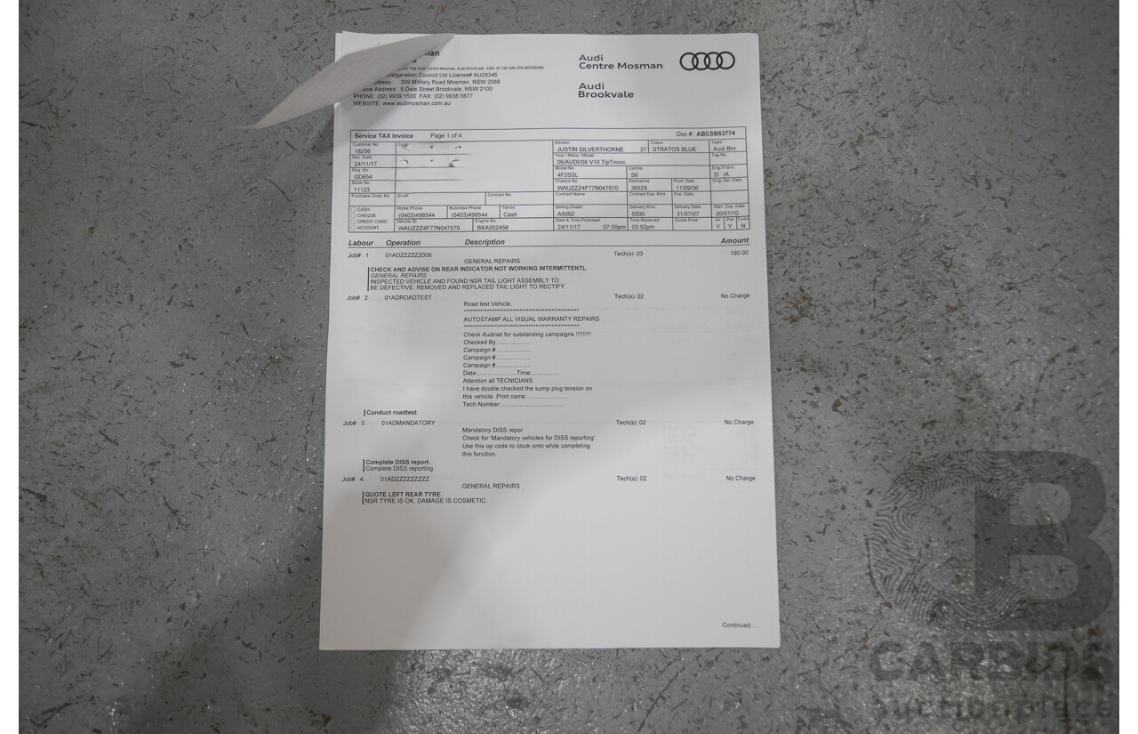 08/2008 Audi S6 V10 FSI Quattro (AWD) 4F 4D Sedan Stratos Blue Pearl 5.2L